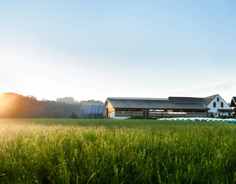 Bauernhof mit Wiese und Silageballen