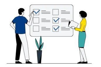 illustration zwei Menschen bearbeiten die Checkliste zur Kfz-Zulassung