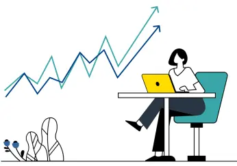Illustration einer Frau die bei Laptop sitzt und Wertentwicklungen betrachtet 