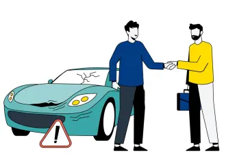 Illustration eines kapputen Autos mit zwei Personen